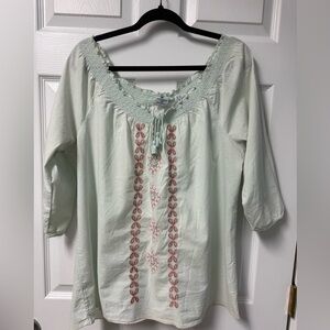 Caribbean Joe Mint Green Embroidered Peasant Tunic 100% cotton size XL